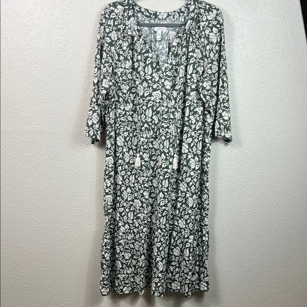 Denim & Co Naturals Linen Blend Green White Floral  3/4 Sleeve Midi Dress LP